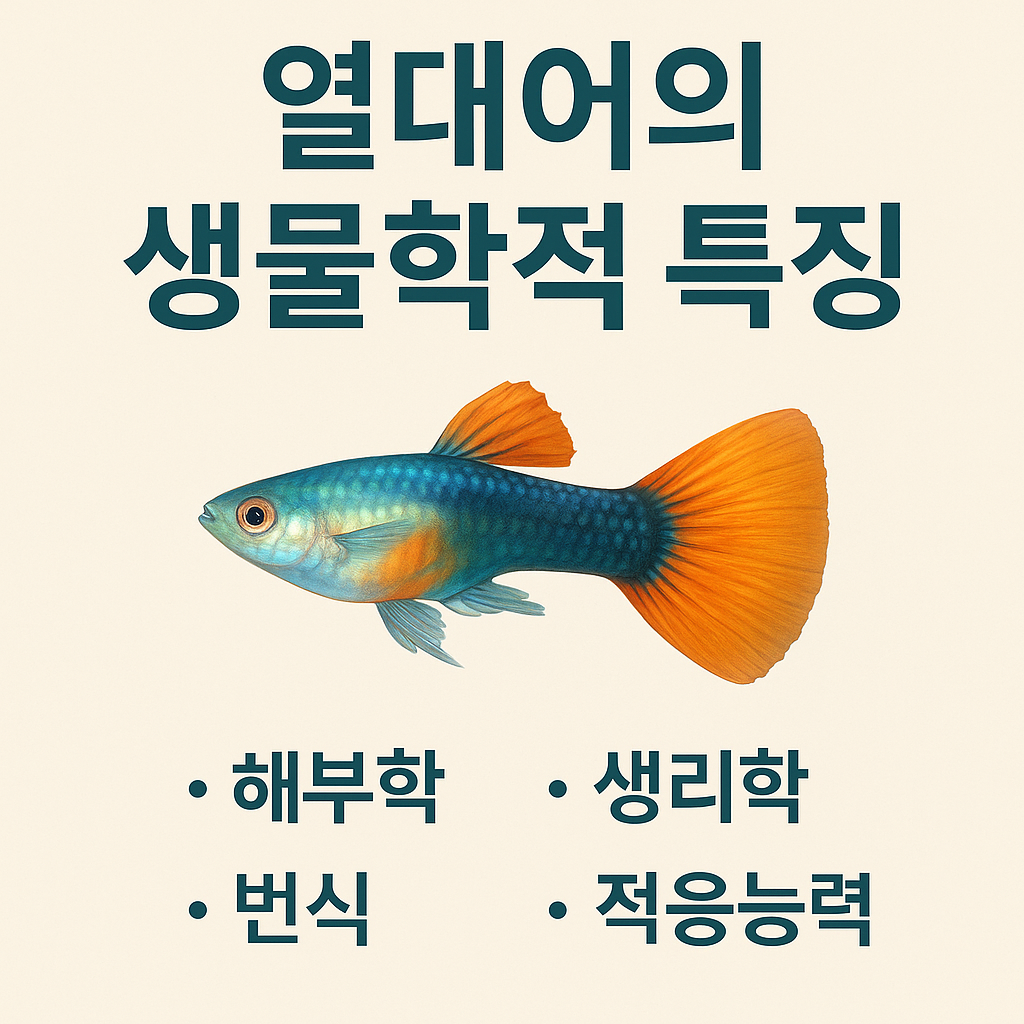 연한 베이지색 배경 위에 열대어의 생물학적 특징을 설명하는 인포그래픽 이미지. 중앙에는 푸른색 몸통과 주황색 꼬리를 가진 구피가 그려져 있으며, 상단에는 ‘열대어의 생물학적 특징’이라는 큰 제목이 있고, 하단에는 ‘해부학’, ‘생리학’, ‘번식’, ‘적응능력’이라는 네 개의 주제가 점으로 구분되어 배열되어 있다.