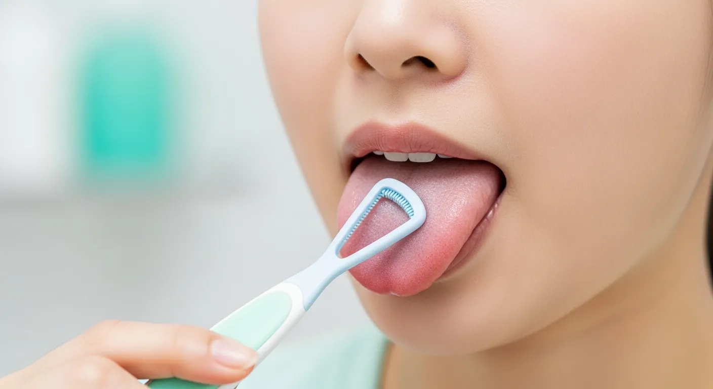 "혀클리너를 이용해 혀 안쪽에서 바깥쪽으로 부드럽게 설태를 닦아내는 모습"