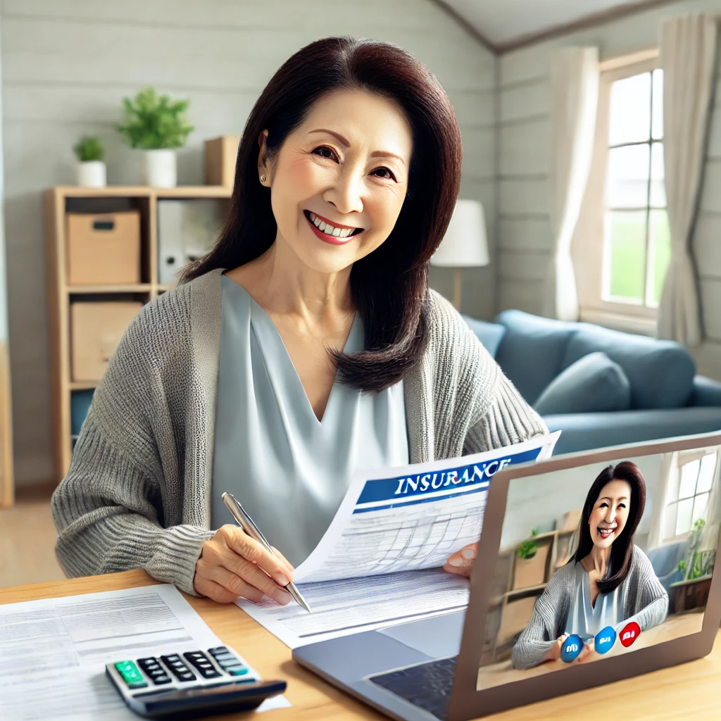 집에서 보험 화상 상담하는 여성