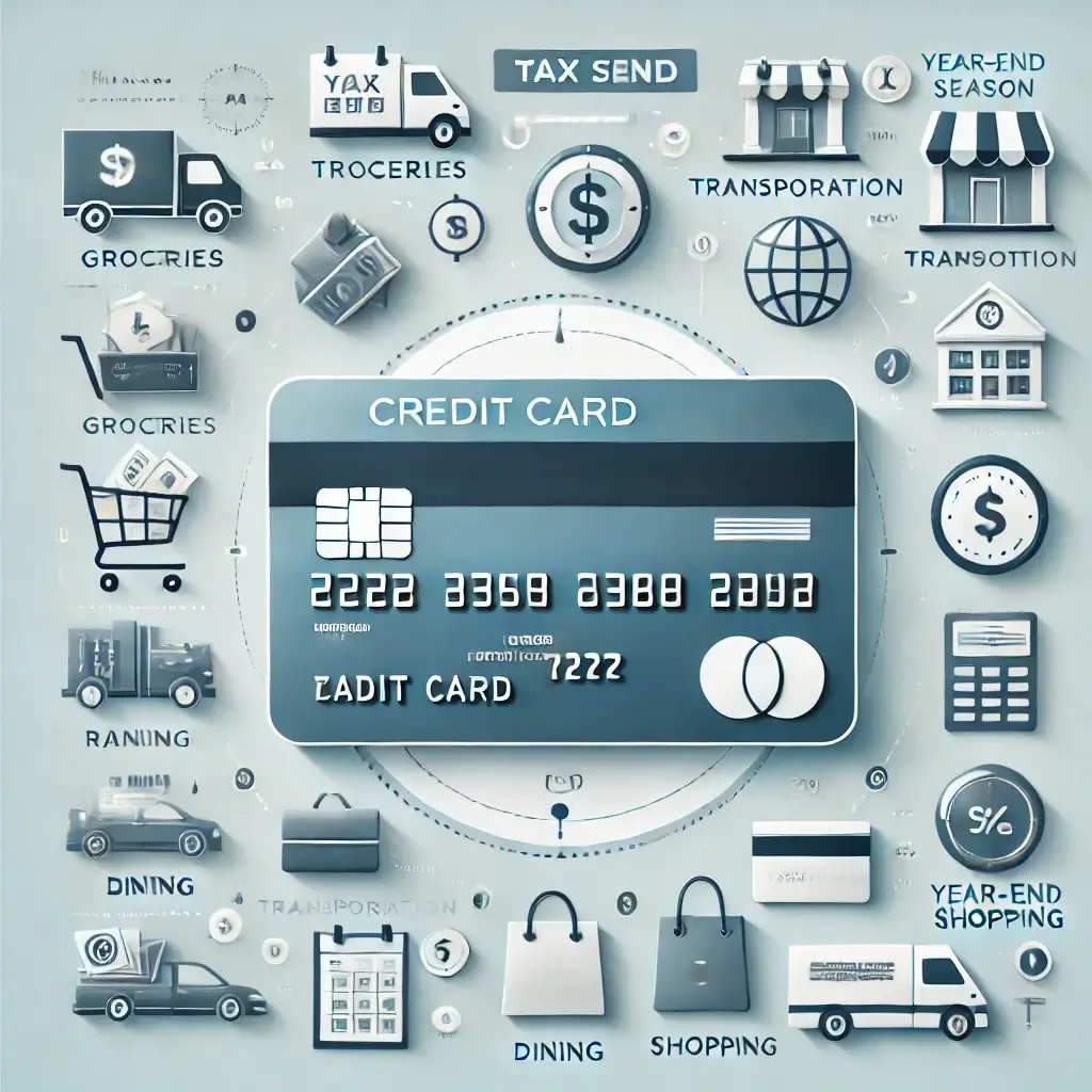 가운데 신용카드 사방에 여러가지 이미지, 신용카드로 이용할수 있는 모든것, 쇼핑바구니 자동차 집 트럭 계산기 등등