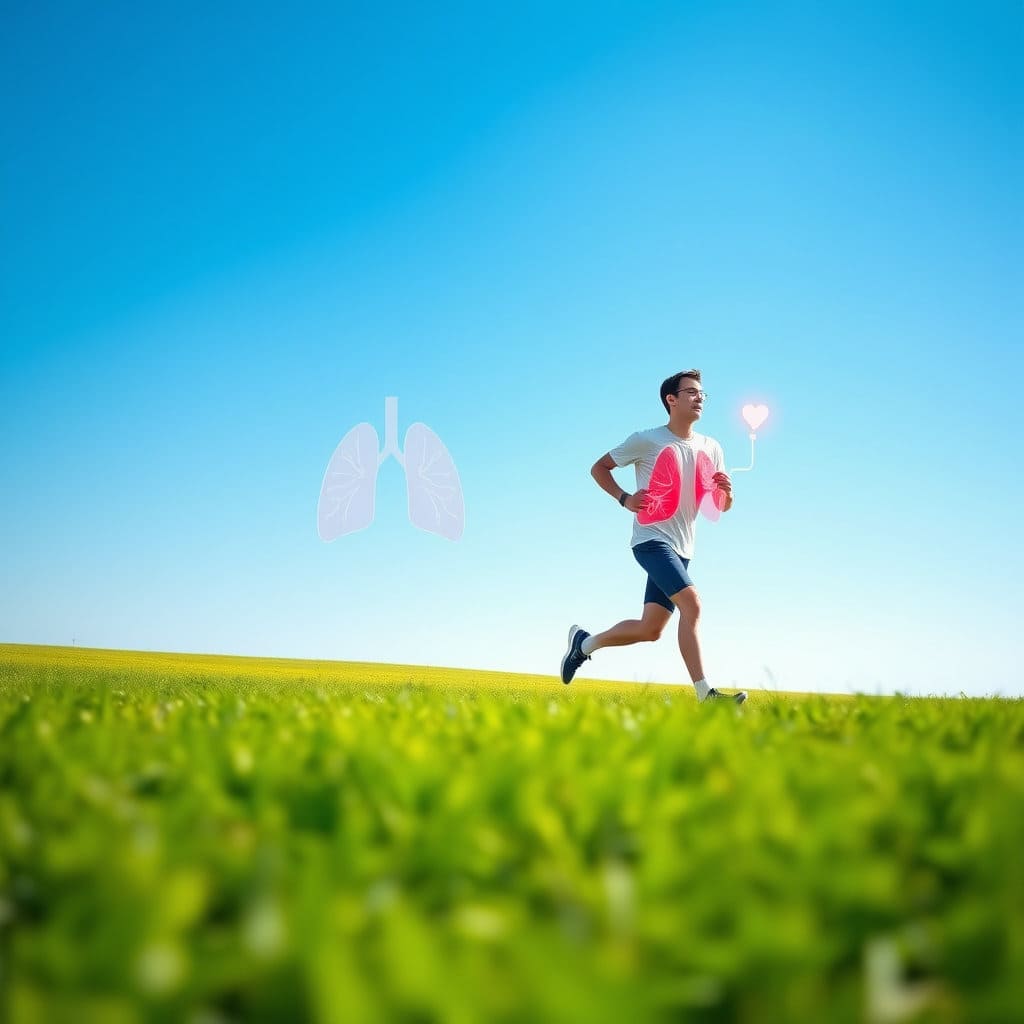 푸른 하늘 아래 넓은 들판에서 활기차게 조깅하는 사람의 모습입니다. 인물 주변에는 폐와 췌장을 상징하는 간결한 아이콘이 은은하게 빛나고, 전체적으로 상쾌하고 에너지가 넘치는 분위기를 연출합니다. 건강하고 균형 잡힌 삶을 상징하는 이미지입니다.