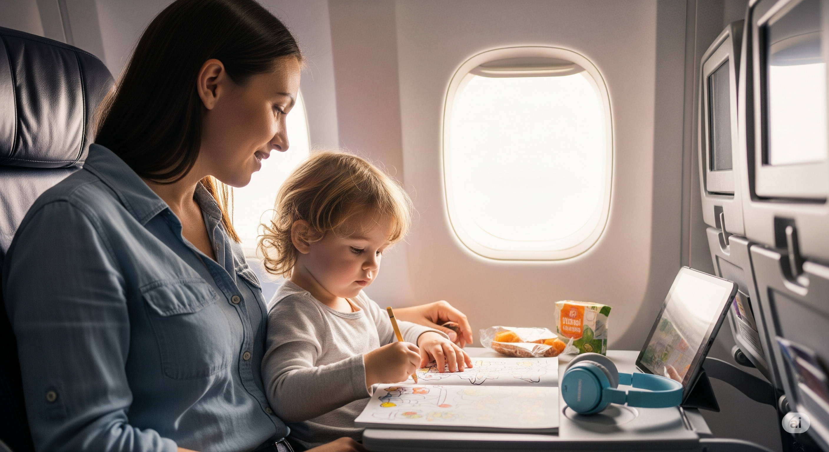 A calm and enjoyable moment with a child during a long-haul flight