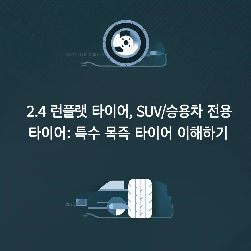 차 타이어의 종류 중 런플랫, SUV, 승용차 전용 타이어의 특징을 보여줍니다.