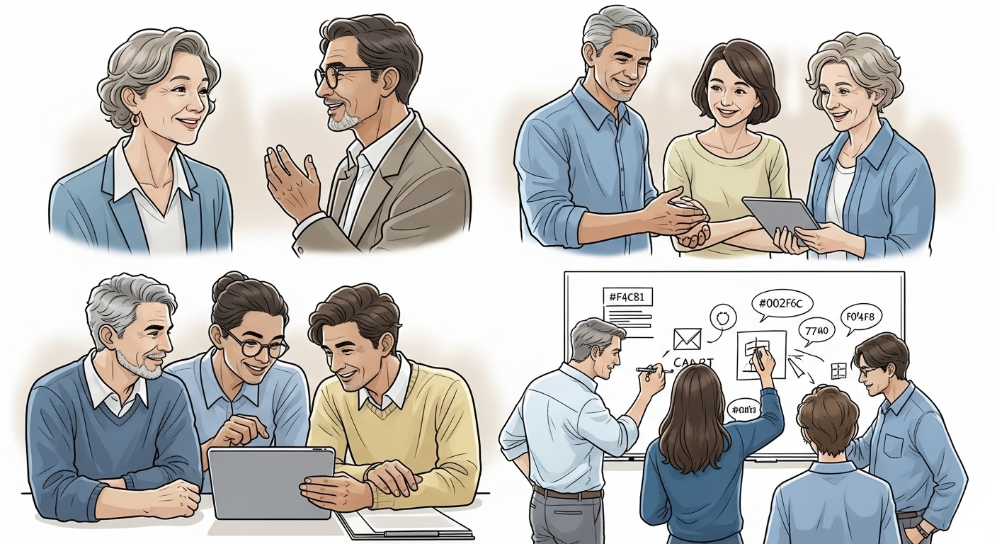 다양한 세대가 함께 웃으며 소통하고 디지털 기기를 공유하는 모습을 담은 따뜻한 일러스트.