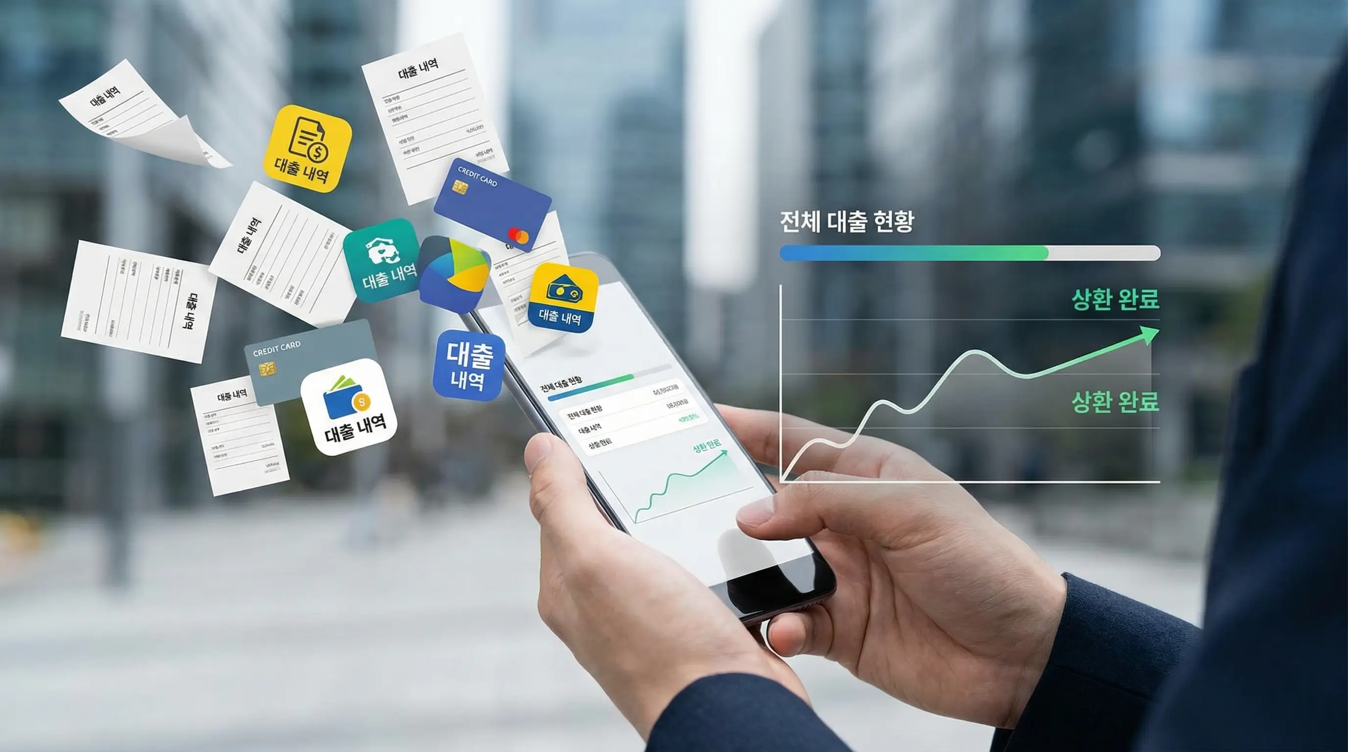 스마트폰 화면에 흩어져 있던 대출 내역들이 하나의 그래프로 정리되어 나타나는 직관적인 이미지