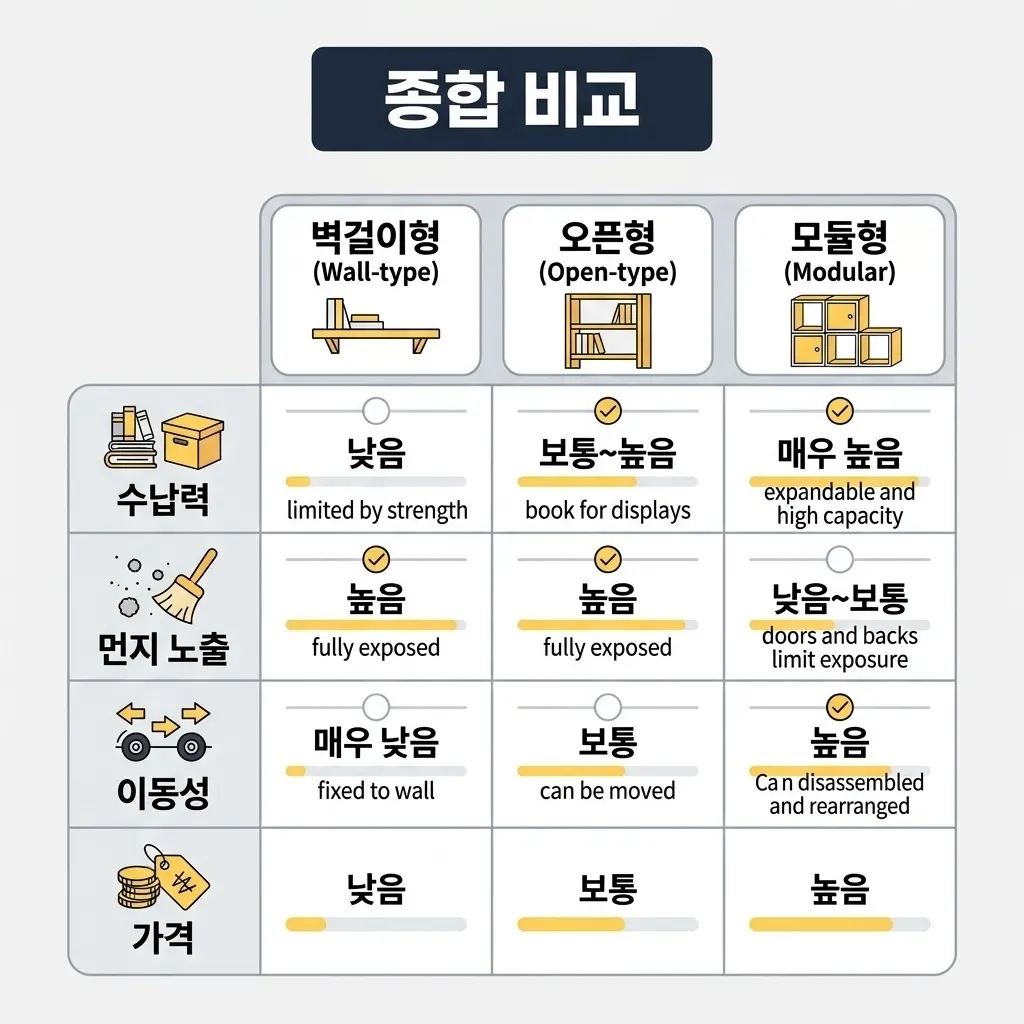 서재 책장 3타입 종합 비교 차트