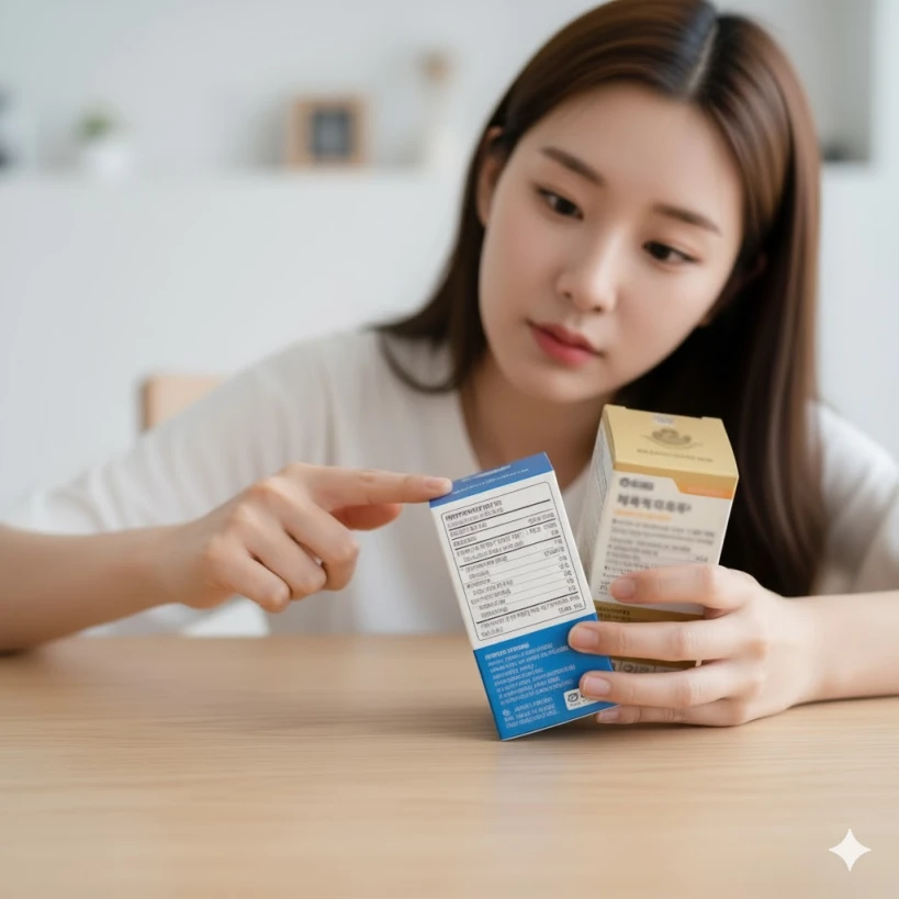 컴파운드K와 진세노사이드 함량을 비교하며 제품 성분표를 확인하는 여성