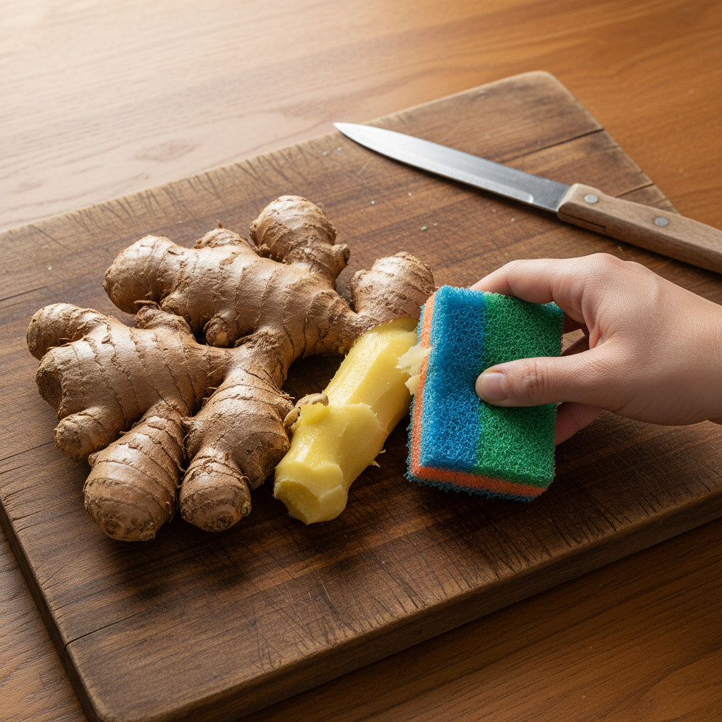 매직 수세미와 과도로 생강 껍질 쉽게 벗기는 모습