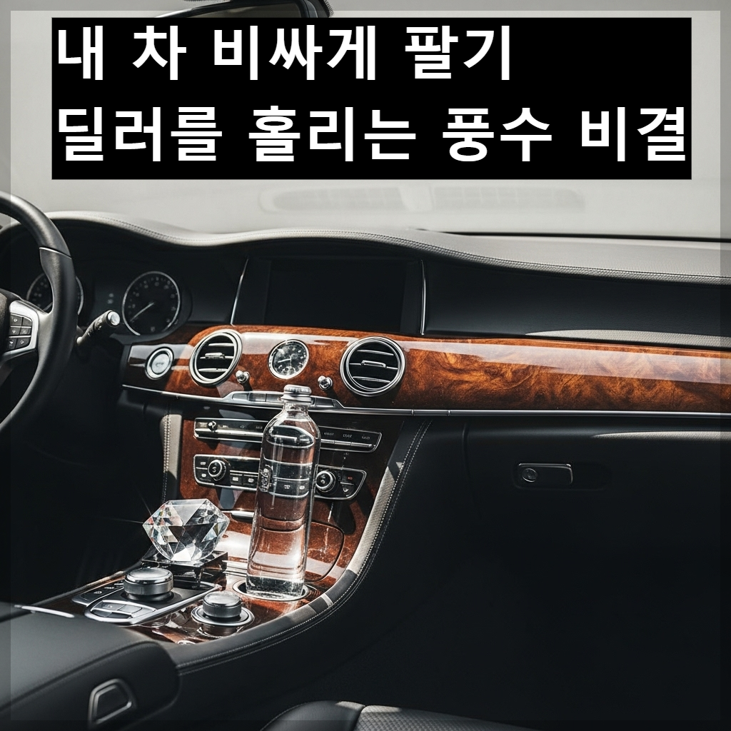 세련된 자동차 내부 센터 콘솔에 맑은 물과 은은한 방향제가 정돈되어 있으며, 대시보드가 투명하게 빛나는 정갈한 이미지. 따뜻한 햇살이 비치는 한국의 도심 배경