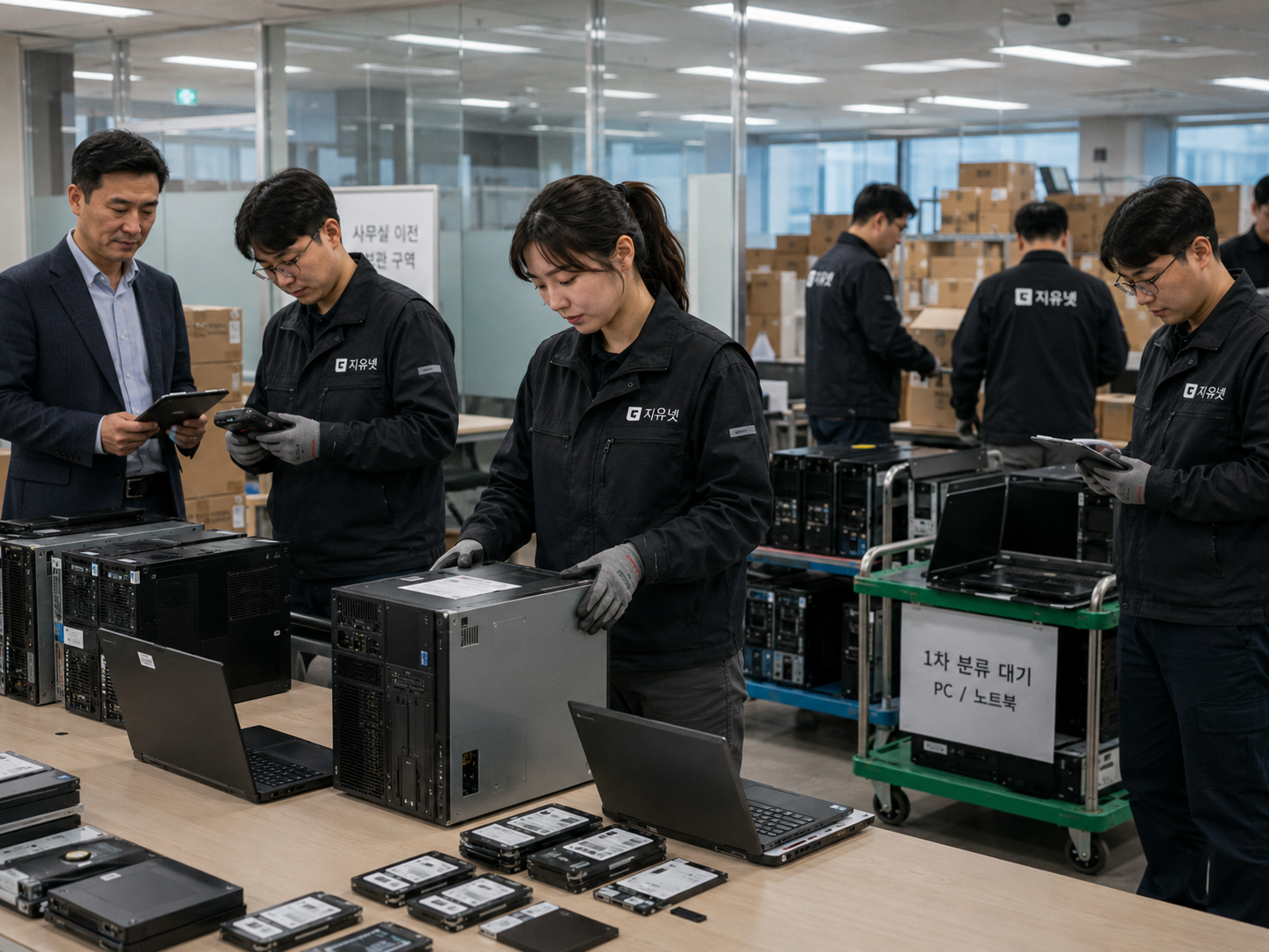 사무실 이전 후 나온 PC와 노트북을 데이터파기 전 내부 저장장치 수량 기준으로 분류하는 장면