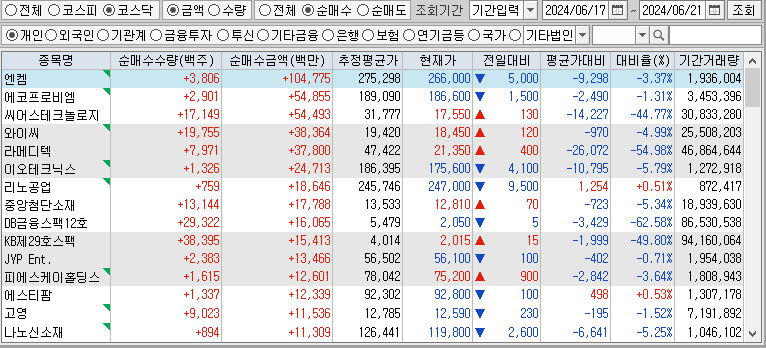 주간 코스닥 개인 순매수
