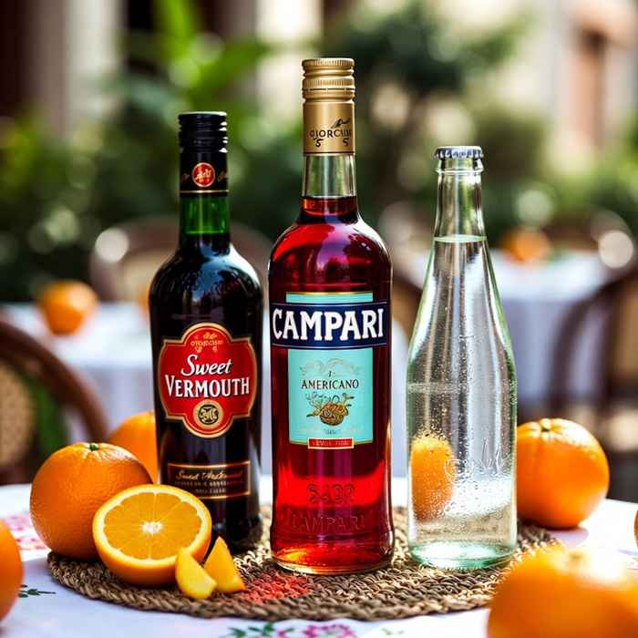 아메리카노 칵테일 재료 - 캄파리, 스위트 베르무트, 탄산수와 오렌지