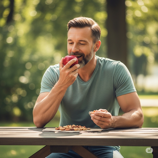 사과, 견과류를 먹고 있는 건강한 남자
