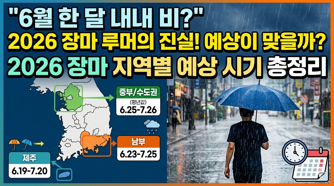 비가 내리는 흐린 날씨 속에서 파란색 우산을 쓰고 걸어가는 시민의 뒷모습과 대한민국 지도 그래픽을 통해 제주, 남부, 중부 수도권의 2026년 평년 장마 기간 및 시작 시기를 비교 분석하고, "6월 한 달 내내 비?"라는 SNS 루머의 진실을 설명하는 기상 정보 블로그 포스팅 썸네일 이미지.