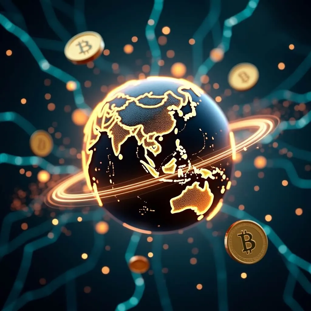 원화 스테이블 코인: 스테이블 코인의 글로벌 트렌드 현상을 지도 위연결 네트워크로 상징적으로 나타낸 이미지