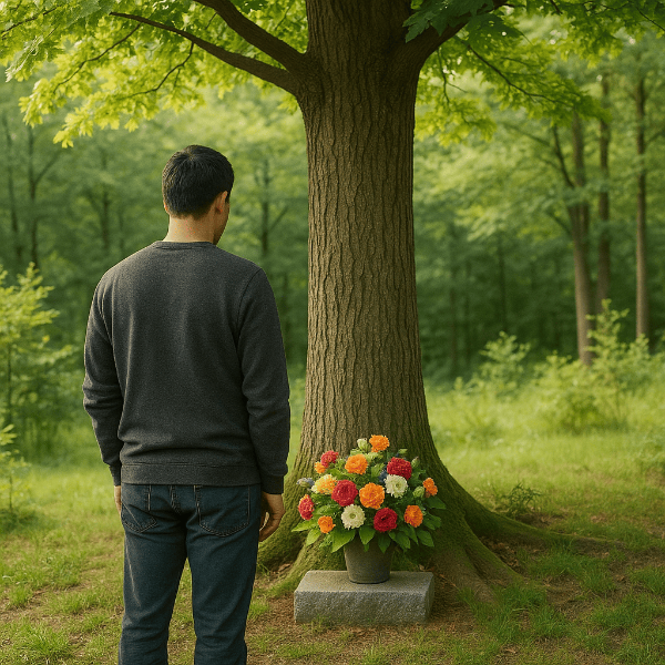수목장에-남성이-꽃다발을-올려-놓고-서있음