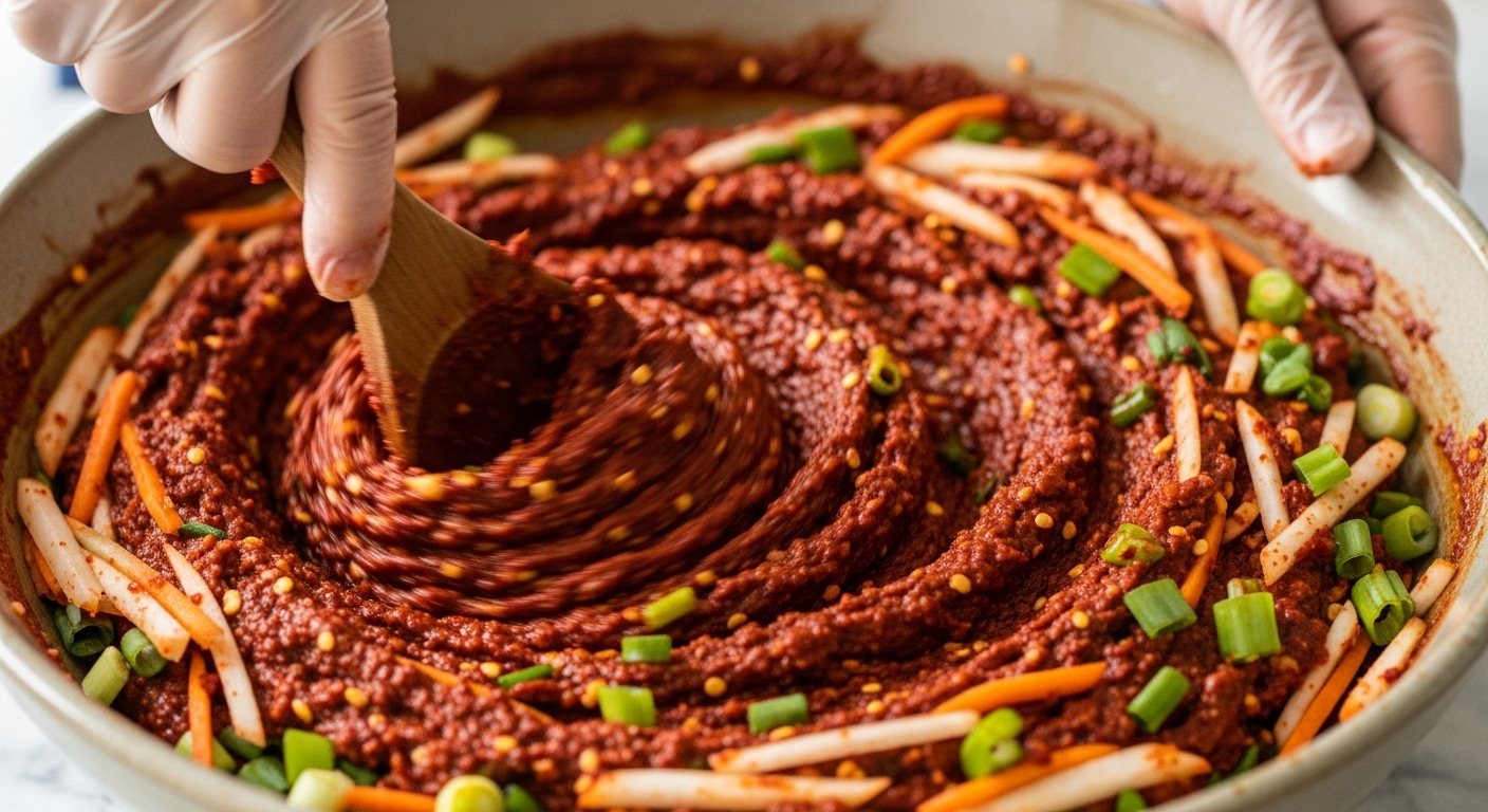 비건 재료로 만든 김치 양념 속이 빨갛고 먹음직스럽게 버무려진 모습.