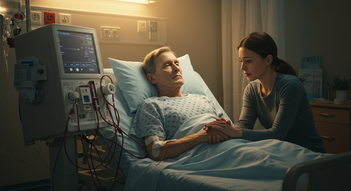 신장 기능 저하로 인해 혈액투석을 받고 있는 장면을 설명하는 일러스트