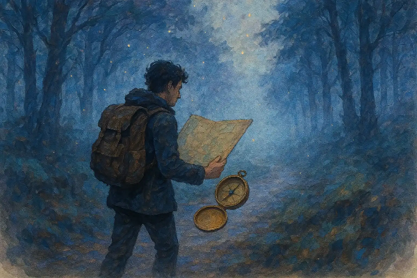 지도와 나침반을 들고 안개 낀 숲을 걷는 인물의 유화풍 장면