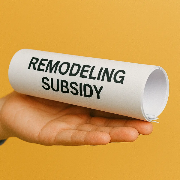 REMODELING SUBSIDY 문구가 적힌 문서를 손에 들고 있는 클로즈업 스튜디오 이미지