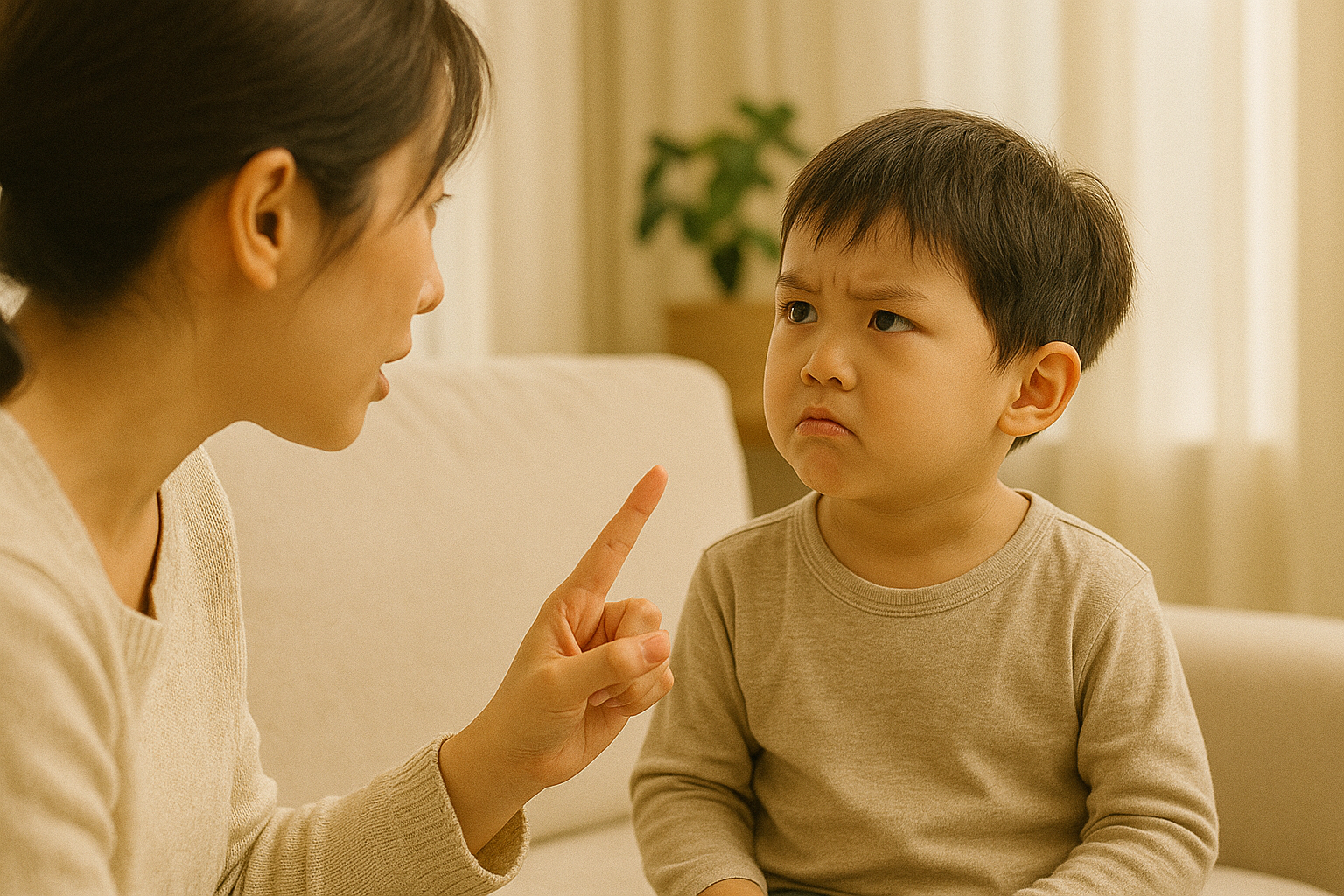 아이가 엄마에게 혼나서 인상쓰고 있는 사진