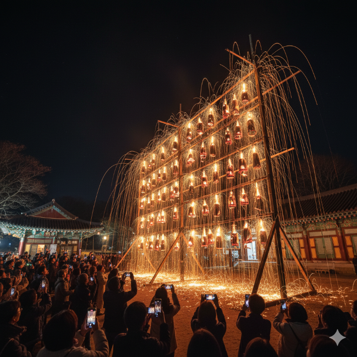 영평사 낙화축제 야간 풍경, 낙화봉에서 떨어지는 불꽃이 밤하늘을 수놓는 모습