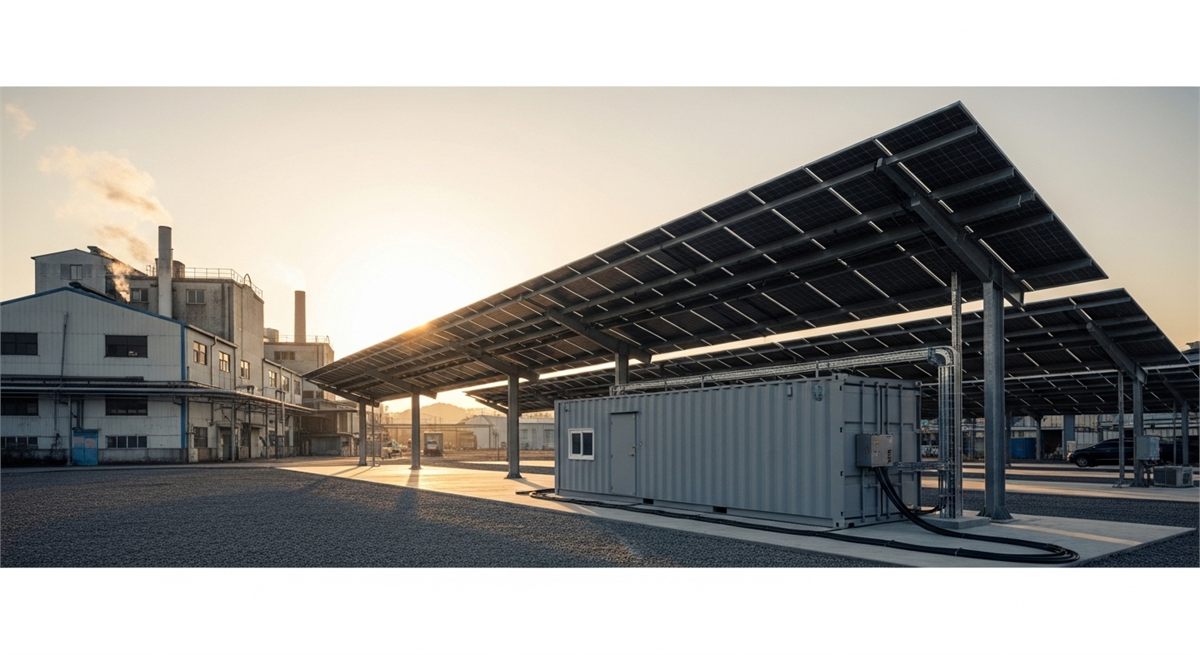 태양광 캐노피와 배터리 저장 설비가 함께 보이는 장면 