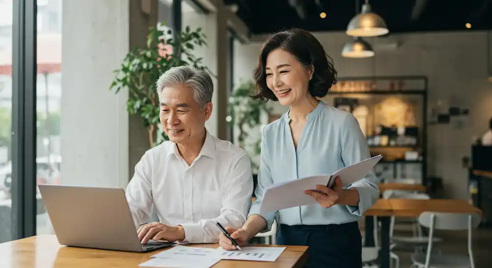 중장년 부부가 노트북과 서류를 보며 웃으며 대화하는 모습, 국민연금 감액제도 개편과 노후 재정 상담을 상징