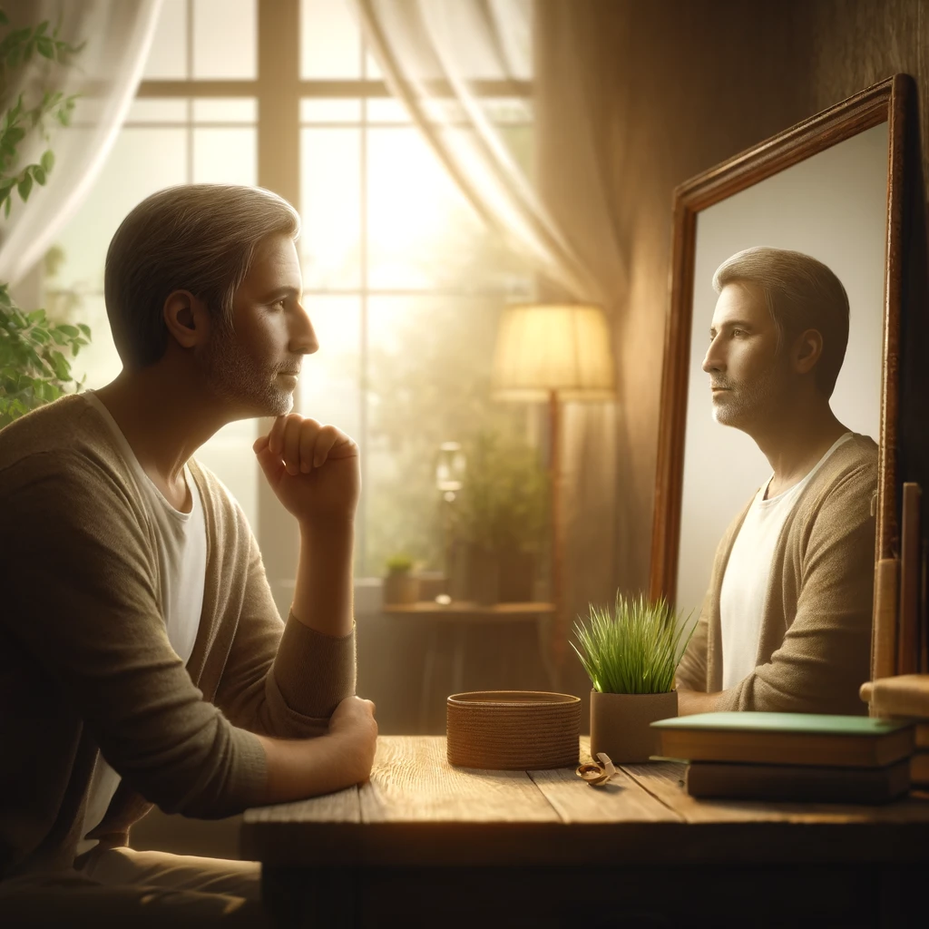 Here is the image depicting a person reflecting on personal growth and self-improvement as they look into a mirror. The scene captures the essence of introspection and the journey of self-development.