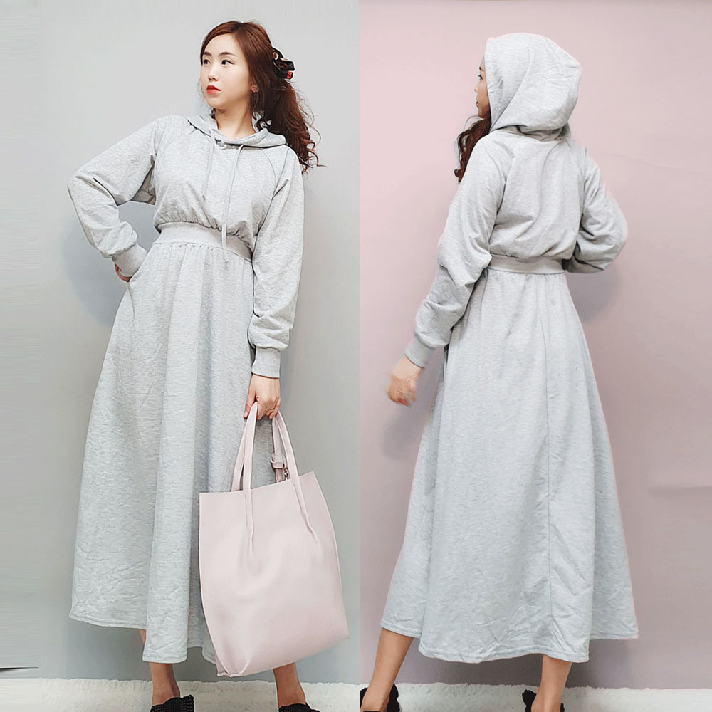 허리 밴딩 트레이닝 후드 롱 원피스(기모선택)