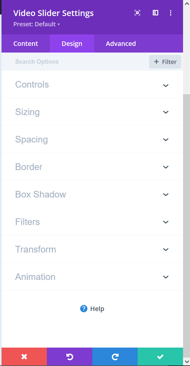 워드프레스 Divi 테마의 동영상 슬라이더 - 디자인 탭