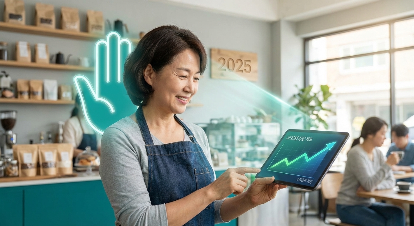 태블릿으로 금융 지원 정보를 확인하며 밝게 미소 짓는 자영업자의 모습, 2025년 소상공인 특별 금융지원으로 인한 희망과 재기를 상징