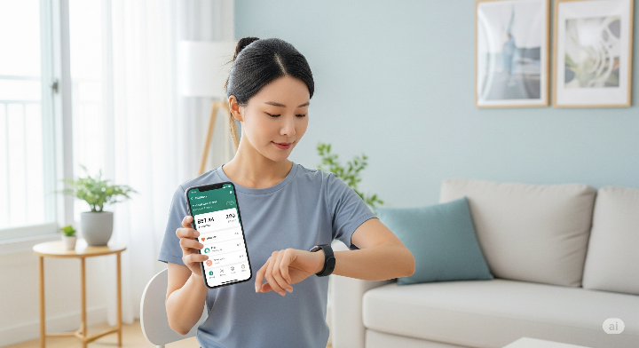 스마트 워치와 앱으로 건강을 관리하는 여성