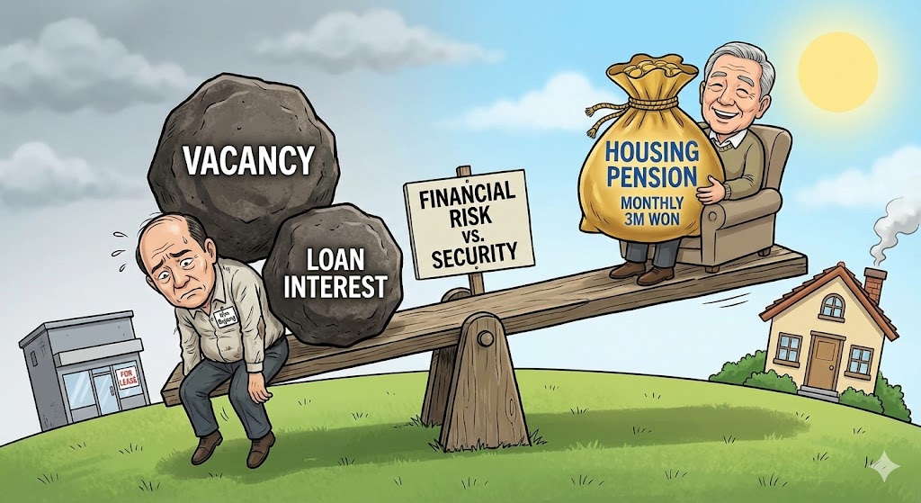 불안한 상가 투자(김부장) vs 안전한 주택연금(현명한 은퇴자)을 비교하는 시소(Seesaw) 형태의 일러스트