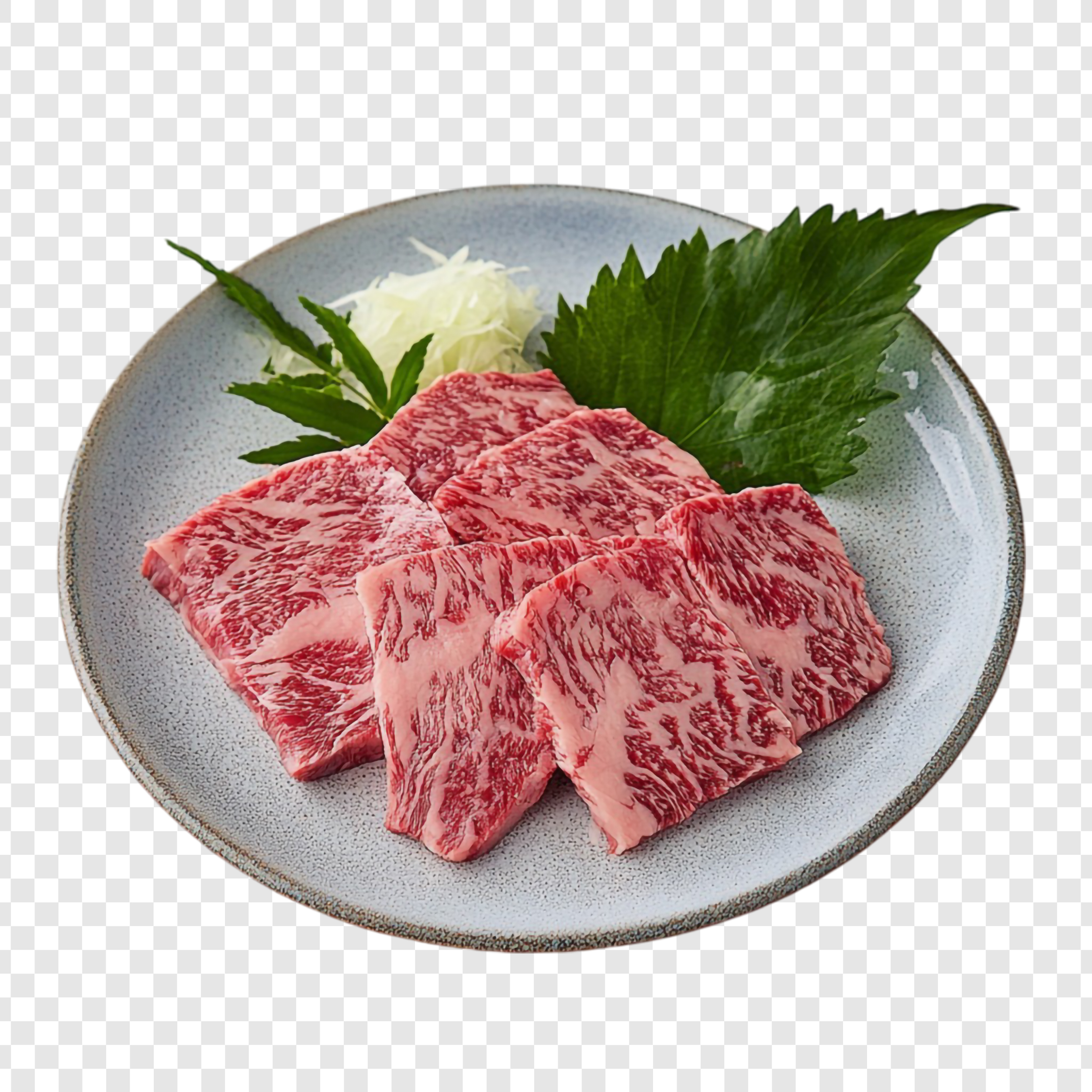 둥근 접시 위에 초록색 잎 채소 그 위에 놓인 소고기