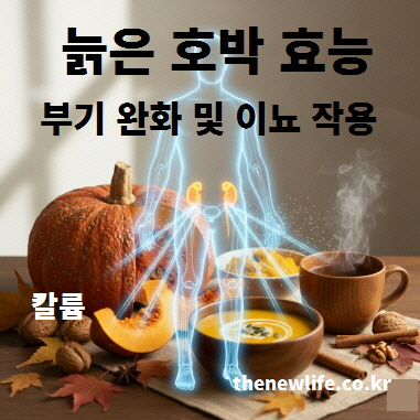늙은 호박 효능 중 부기 완화와 이뇨 작용을 설명하는 이미지