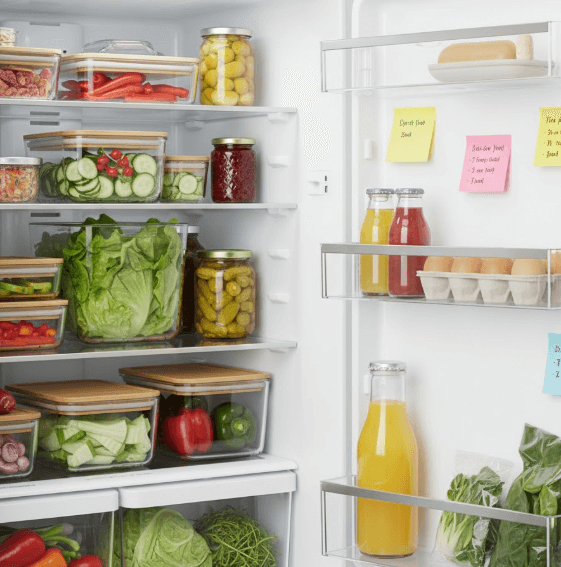 냉장고안에 식재료들이 깔끔히 정리된 사진