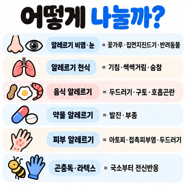 알레르기 비염 천식 음식 약물 피부 곤충독 라텍스 알레르기의 대표 원인과 증상을 비교한 이미지