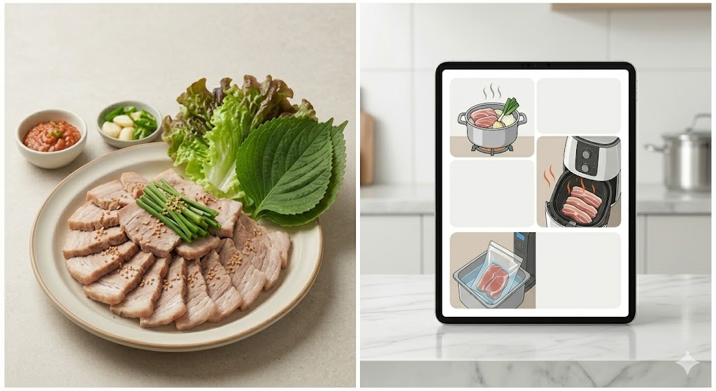 왼쪽에는 깻잎과 상추, 마늘, 쌈장과 함께 정갈하게 담긴 돼지고기 수육 요리가 있고, 오른쪽에는 태블릿 PC 화면에 무수분 수육, 에어프라이어 요리, 수비드 조리법을 나타내는 아이콘이 표시된 모습.