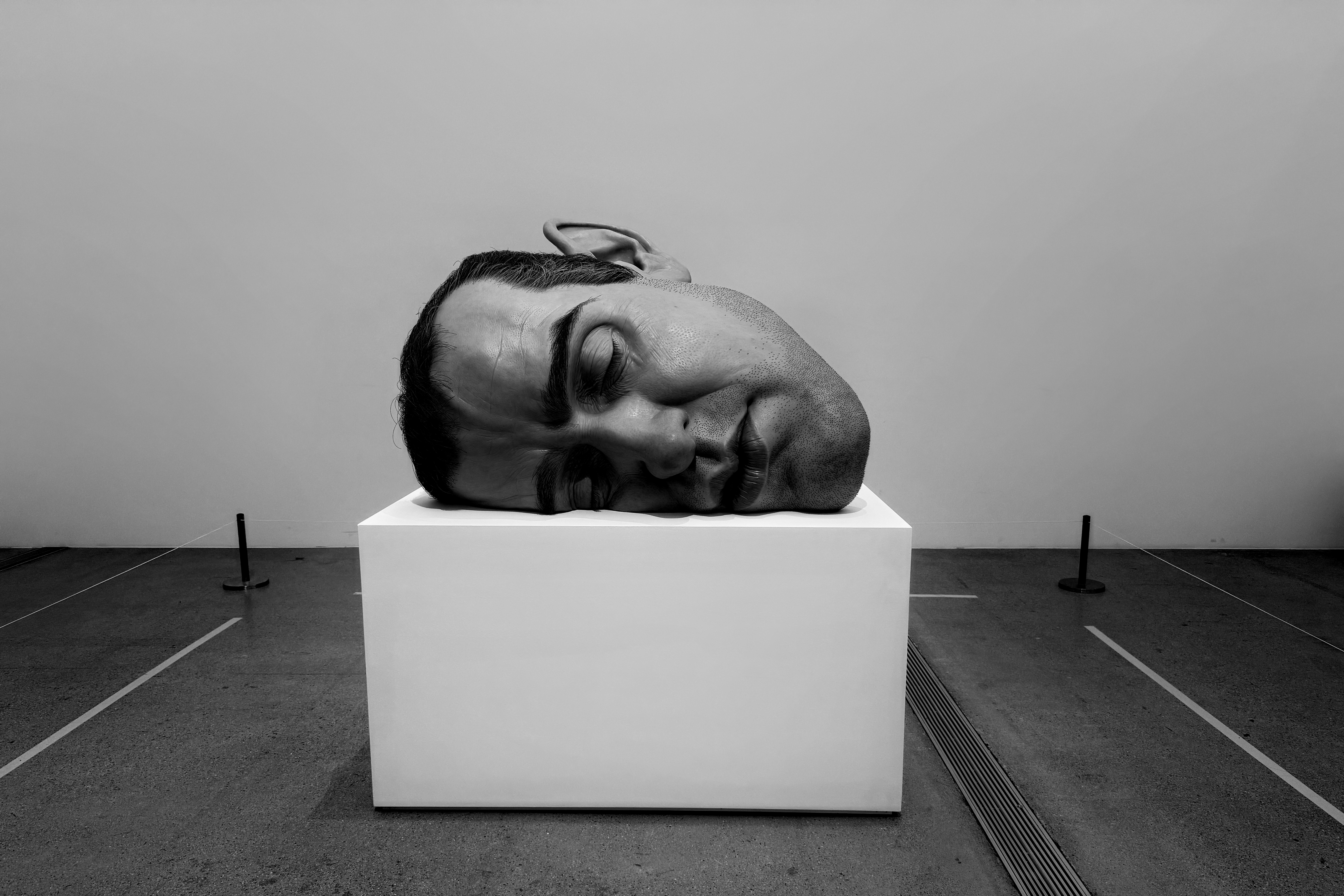 거대한 크기의 남성 두상 조각. 흰색 받침대 위에 눈을 감은 남성의 얼굴만 표현되었으며, 피부 질감과 수염, 주름 등이 극도로 사실적으로 재현되어 있습니다. 크기의 왜곡을 통해 관객에게 강렬한 인상을 줍니다.