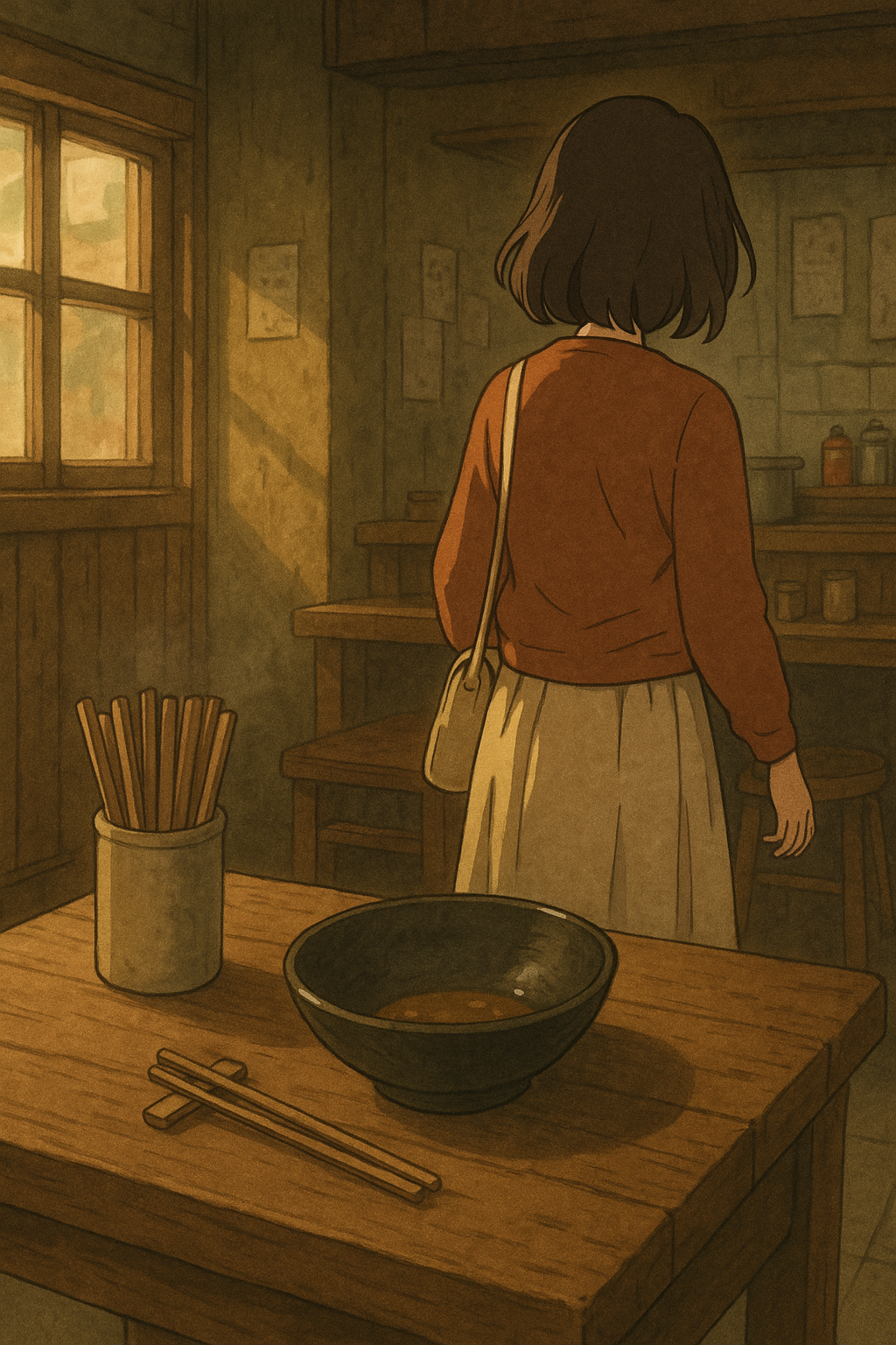 "김이 사라진 뚝배기, 조용히 자리에서 일어나는 여성"