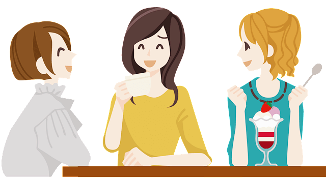 3명의 젊은 여자 친구들이 나란히 탁자 앞에 앉아 커피를 마시면서 즐거운 대화를 나누고 있다.