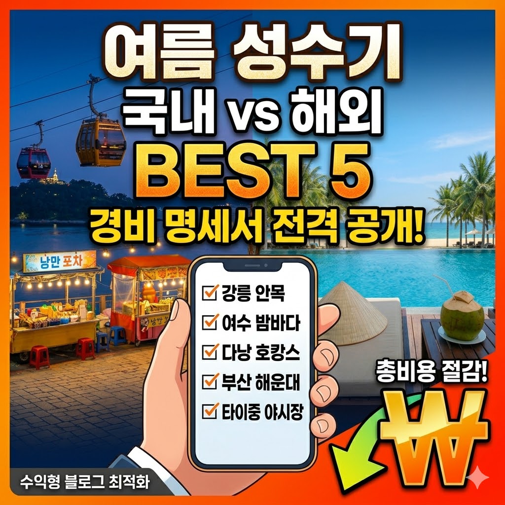 여수 야경과 다낭 비치 수영장 이미지를 배경으로, '여름 성수기 국내 vs 해외 BEST 5 경비 명세서 전격 공개!' 텍스트와 함께 스마트폰 화면에 여행지 체크리스트(강릉 안목, 여수 밤바다, 다낭 호캉스, 부산 해운대, 타이중 야시장)가 표시된 고임팩트 썸네일. '총비용 절감!' 화살표와 원화 기호, '수익형 블로그 최적화' 태그 포함.