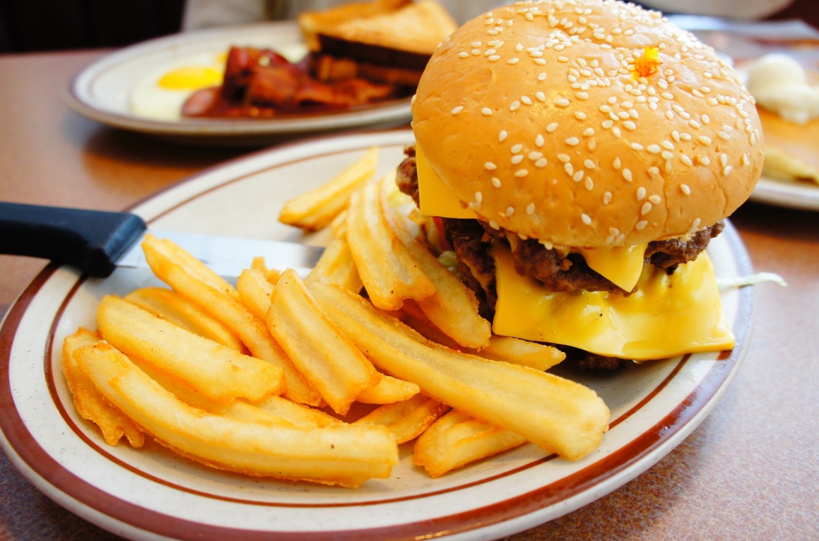 접시위에 놓여있는 햄버거와 감자튀김 사진