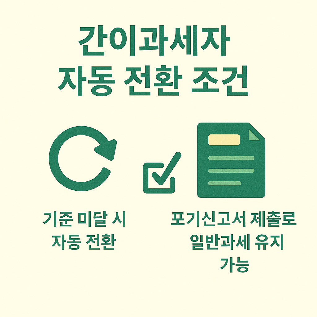 기준 미달 시 자동 전환과 간이과세 포기신고서 제출 시 일반과세 유지 가능 조건을 간결하게 정리한 이미지
