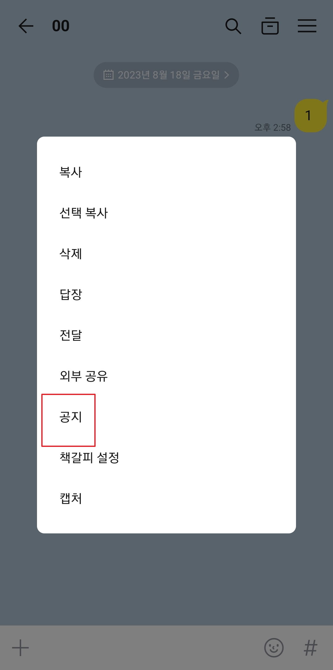 카톡 공지 등록 확인 창