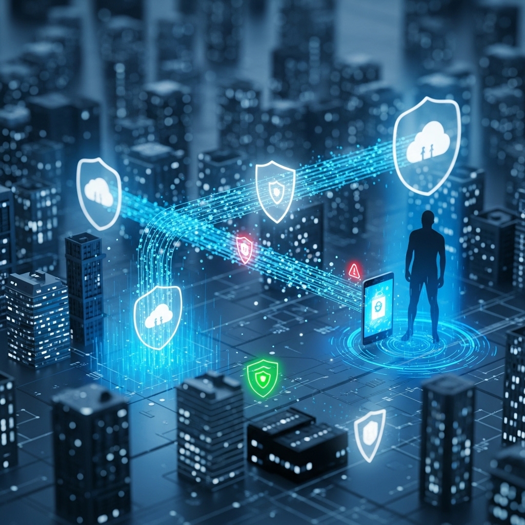 초개인화 시대에 안전하게 보호되는 개인 데이터를 상징하는 이미지. 파란색 보호막 안에 있는 사람의 모습과 디지털 데이터 흐름이 조화를 이룹니다.