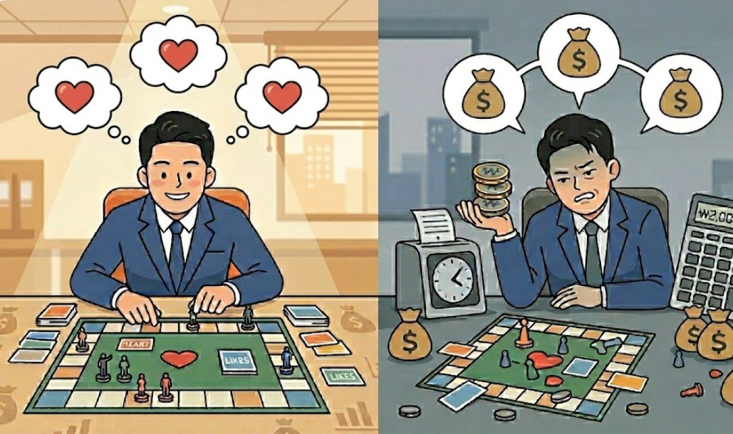 보드게임을 즐기며 하트가 든 말풍선을 띄운 열정적인 모습과, 돈을 받게 되자 돈주머니가 든 말풍선을 띄운 채 시급을 계산하며 괴로워하는 모습을 대조하여 구축 효과를 묘사