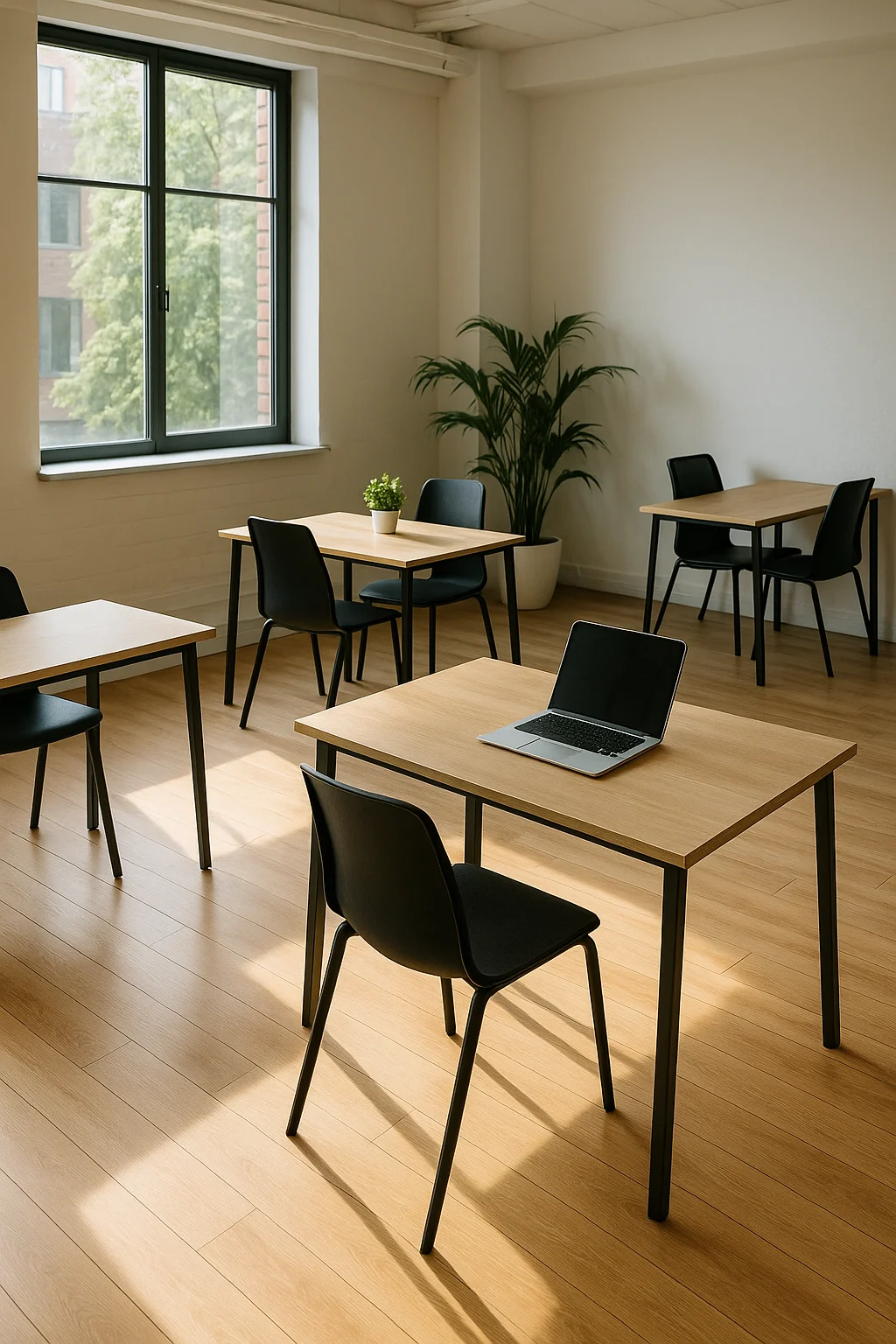 화이트 계열의 현대식 회의실, 텅 빈 의자와 테이블, 흐릿한 배경, 여백 중심의 구도, 인물 없음