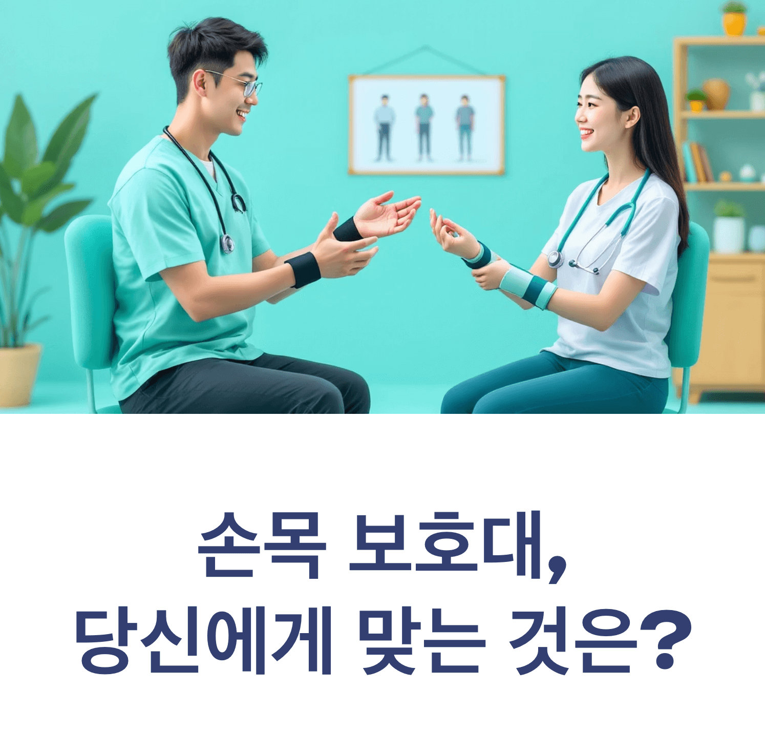 Korean physical therapist consulting with patient about different wrist braces, educational setting, caring interaction, professional medical environment